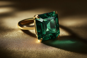 Emerald gold ring with rectangular gemstone creating luxurious r, a Photo by Studio ANNA