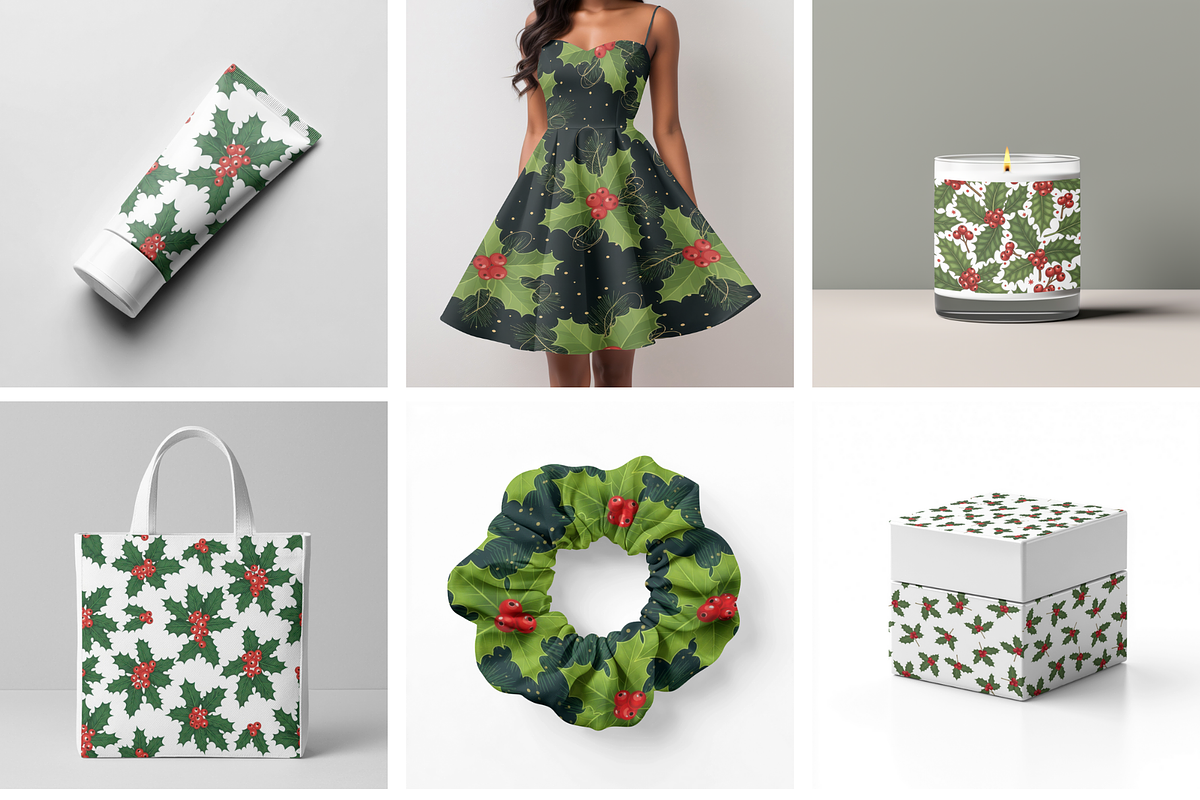 Mistletoe & Holly Christmas Seamless, an Illustration by Mashimara (Photo 3 of 5)