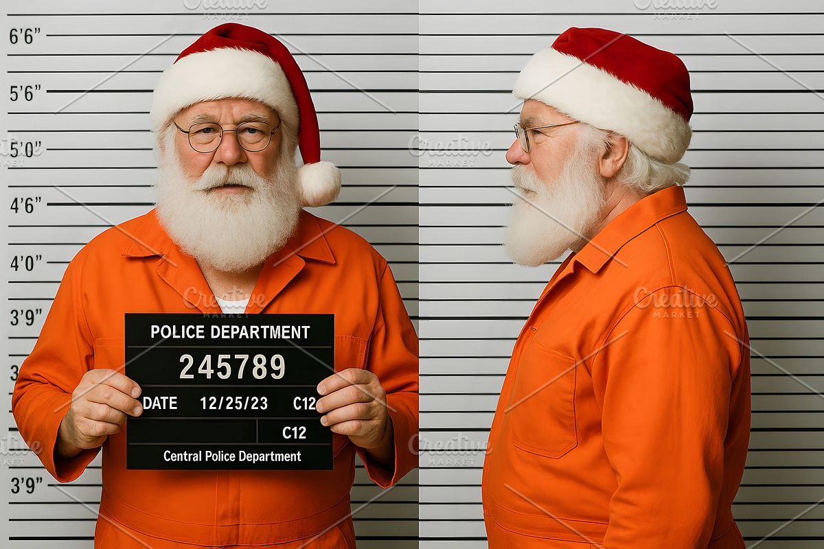Santa Claus mugshot in prison wearing orange jumpsuit and hat, a Holiday Photo by GoodGoods (Photo 2 of 2)