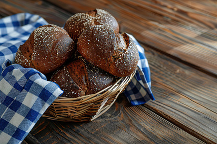 Baked rye bread in basket on wooden table, a Food & Drink Photo by AlyaAnd