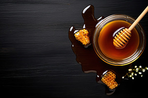 Honey in glass jar on wooden background, a Food & Drink Photo by AlyaAnd