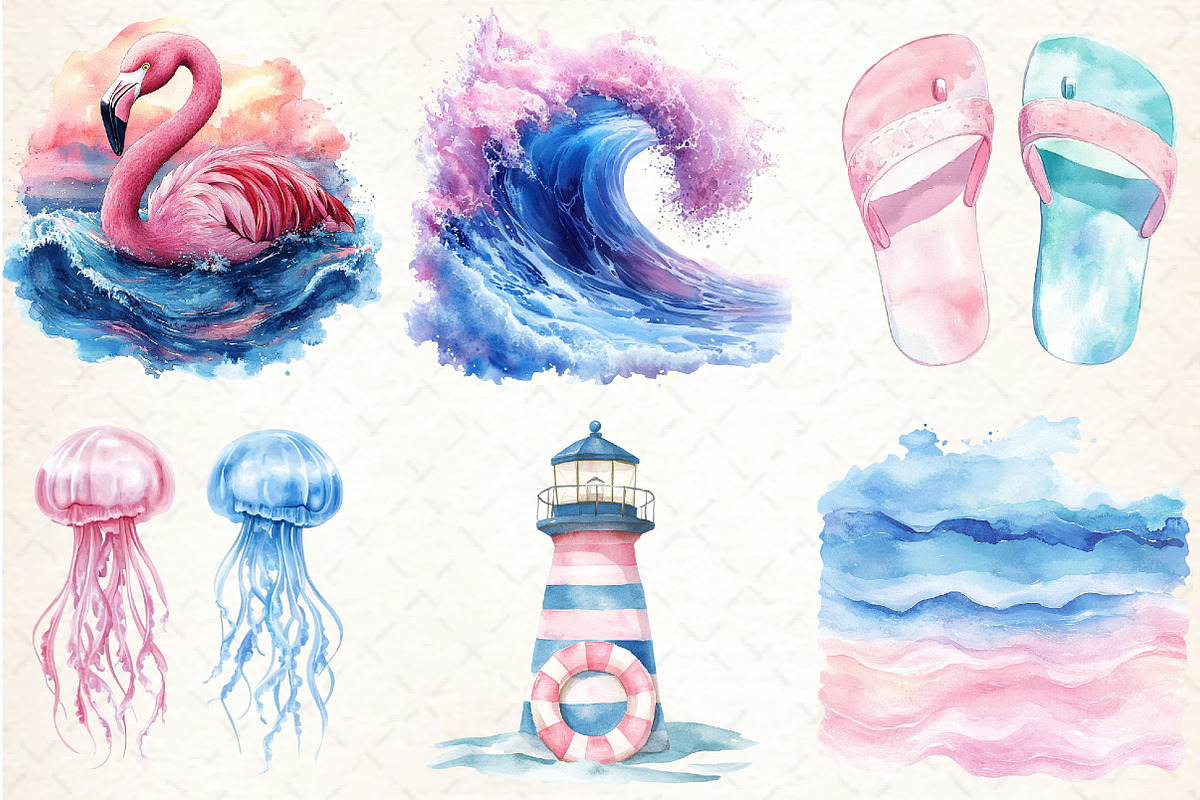Summer Pink & Blue Coastal Clipart, an Illustration by Libby Wishes (Photo 7 of 7)