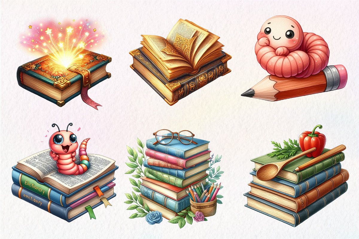 Bookworm Watercolor Clipart, an Illustration by Dream Creation (Photo 7 of 7)