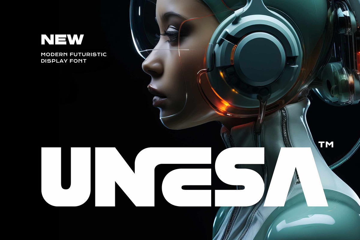Unesa - Modern Futuristic Typeface, a Sans Serif Font by Imoodev (Photo 1 of 6)