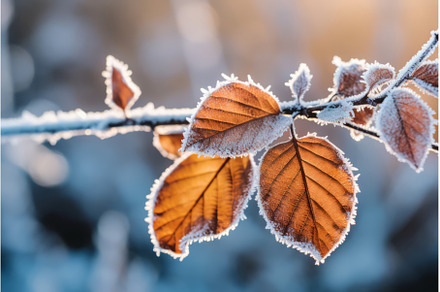 Frozen autumn branch leaves at sun, a Nature Photo by Ylivdesign