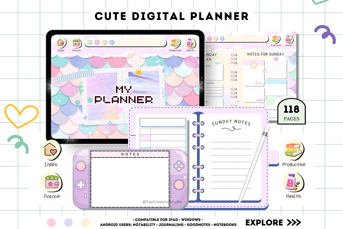 Cute Undated Digital Planner, a Stationery Template by Tas Creative Studio (Photo 1 of 9)
