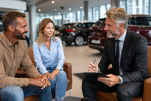 Couple buying new car dealership con, a Photo by Pixeness Studio
