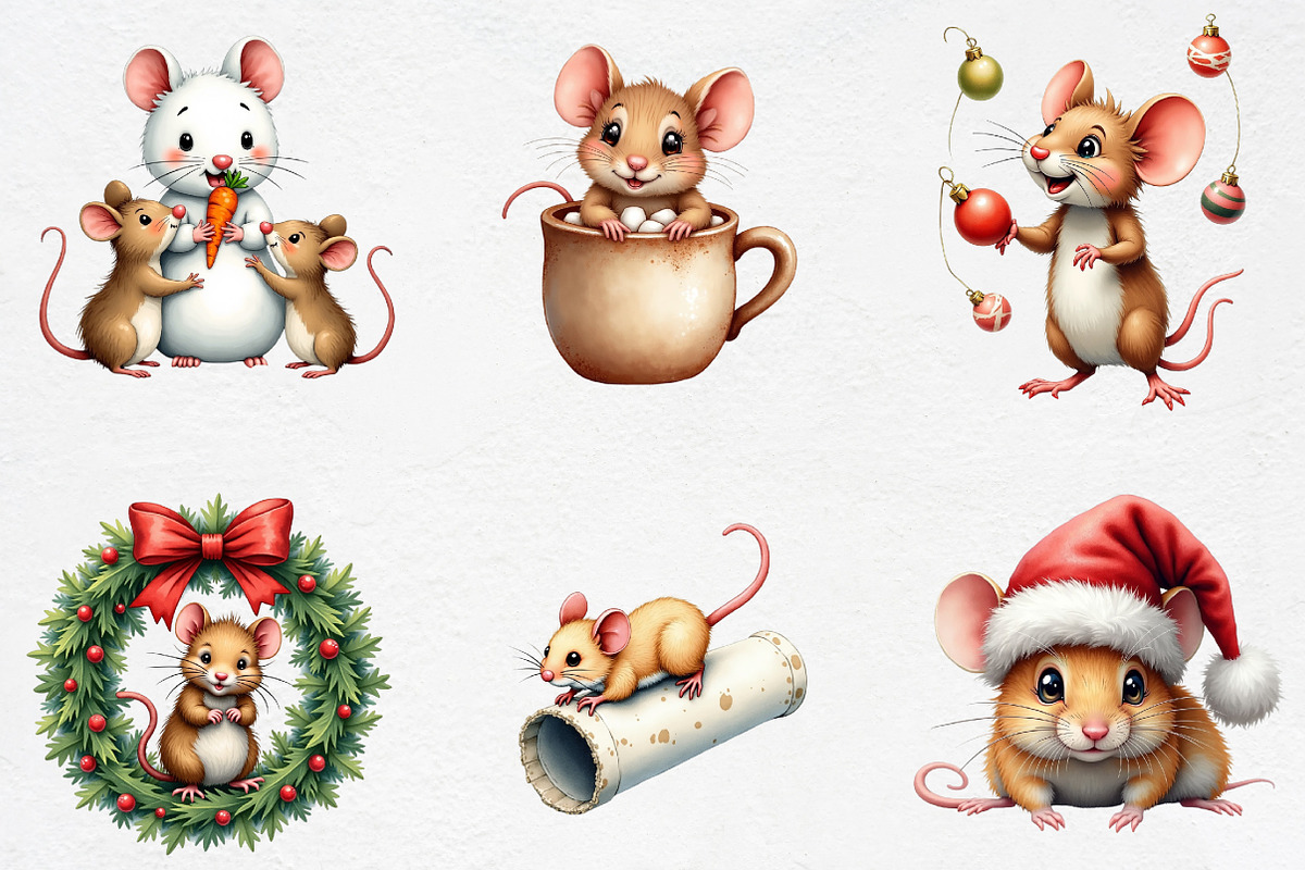 Funny Christmas Mouse Watercolor Cli, an Illustration by CrexoraLab (Photo 2 of 5)