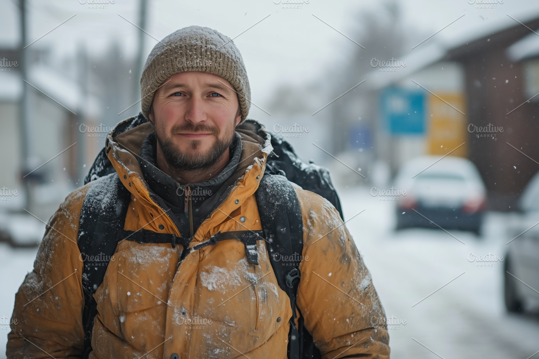 A man with a beard wearing a yellow winter jacket and a knitted hat stands in a, a Person Photo by Textures & Backgrounds
