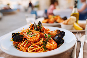 Delicious linguine pasta with tomato sauce and seafood served on a sunny terrac, a Food & Drink Photo by AlyaAnd