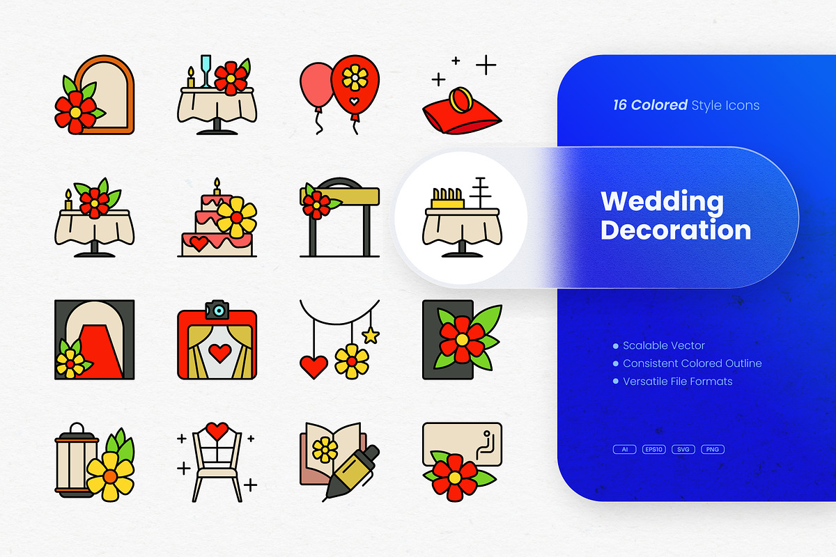 Wedding Decoration Colored Icons, an Outline Icon by cidcud_graphic