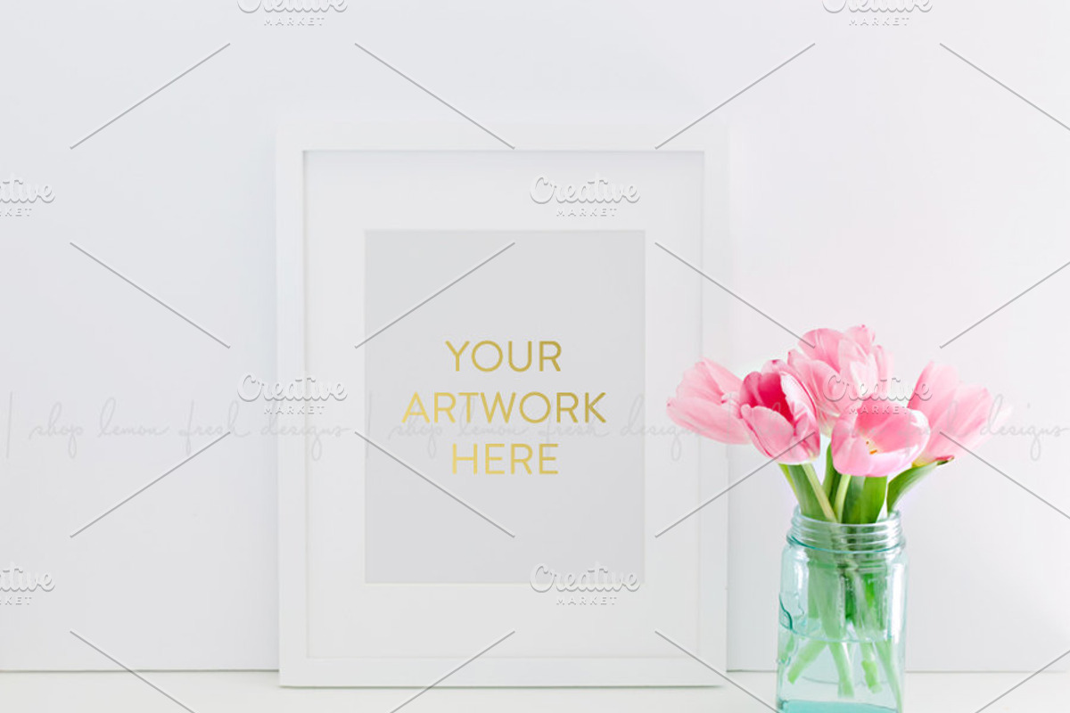 White Frame Pink Tulips Stock Image, a Print Template by White Turquoise Co.