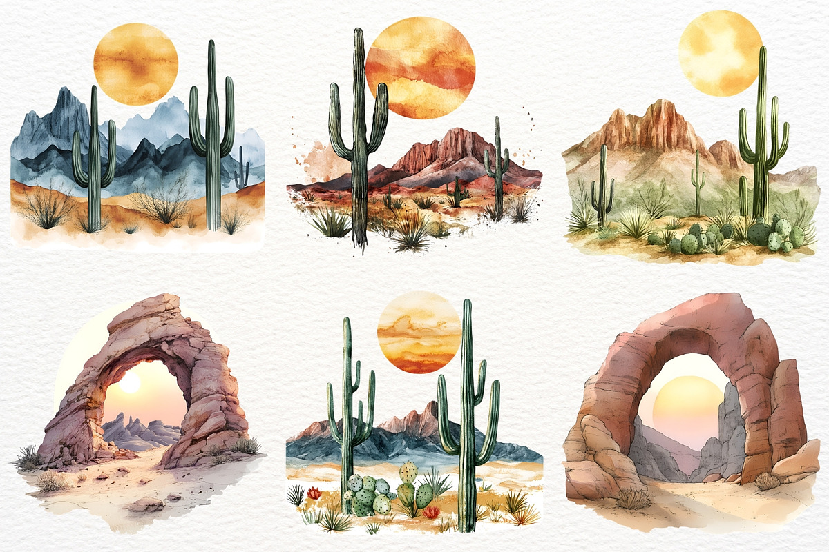 Western Landscape Clipart Cactus PNG, a Decorative Illustration by SugarCloudStudioArt (Photo 2 of 8)