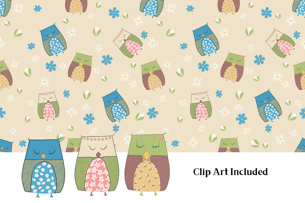 Owl Seamless Pattern with Clipart, a Seasonal Illustration by Kimbella Buckman Designs (Photo 3 of 4)