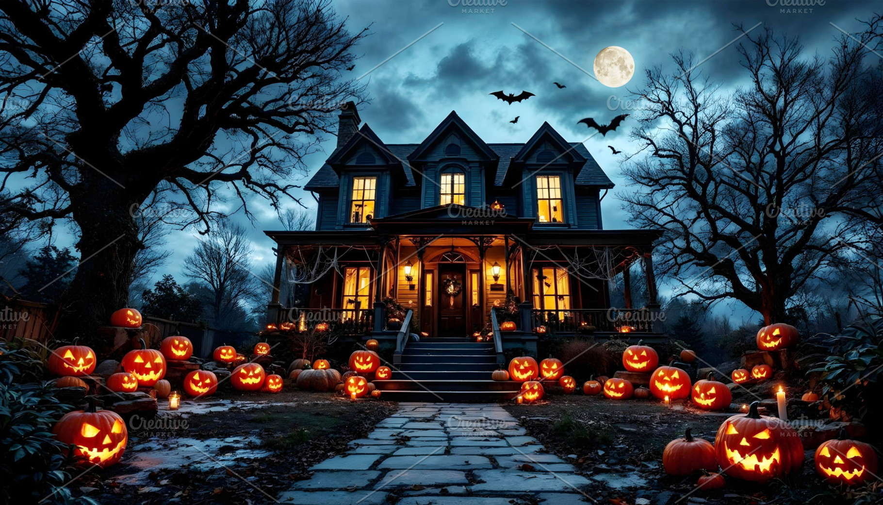 Spooky haunted house decorated with, a Holiday Photo by Volff