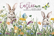 Watercolor Flowers and bunnies, a Decorative Illustration by RushkinaAntonina (Thumbnail 1 of 5)