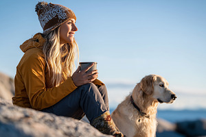 Woman in warm clothing sit with dog, an Animal Photo by MistyDay