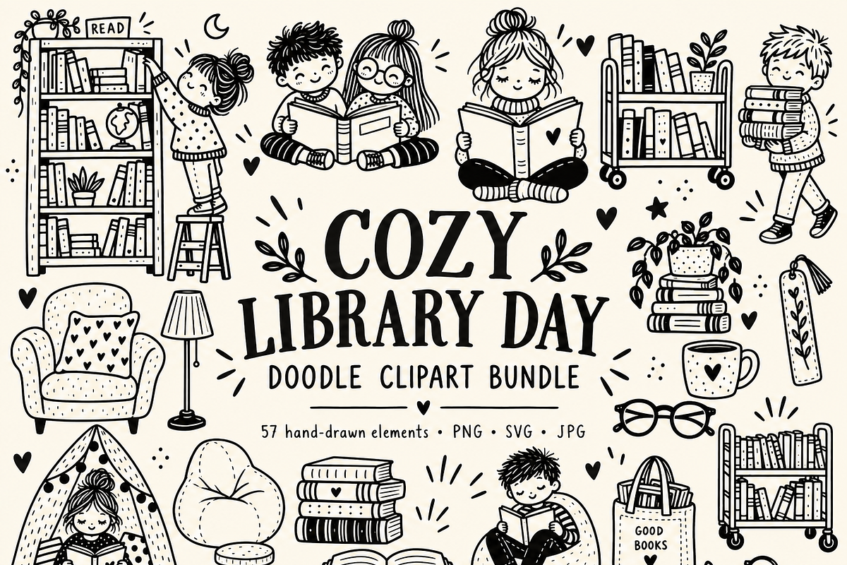 Cozy Library Doodle Clipart, an Education Illustration by PassionPNGcreation (Photo 1 of 3)
