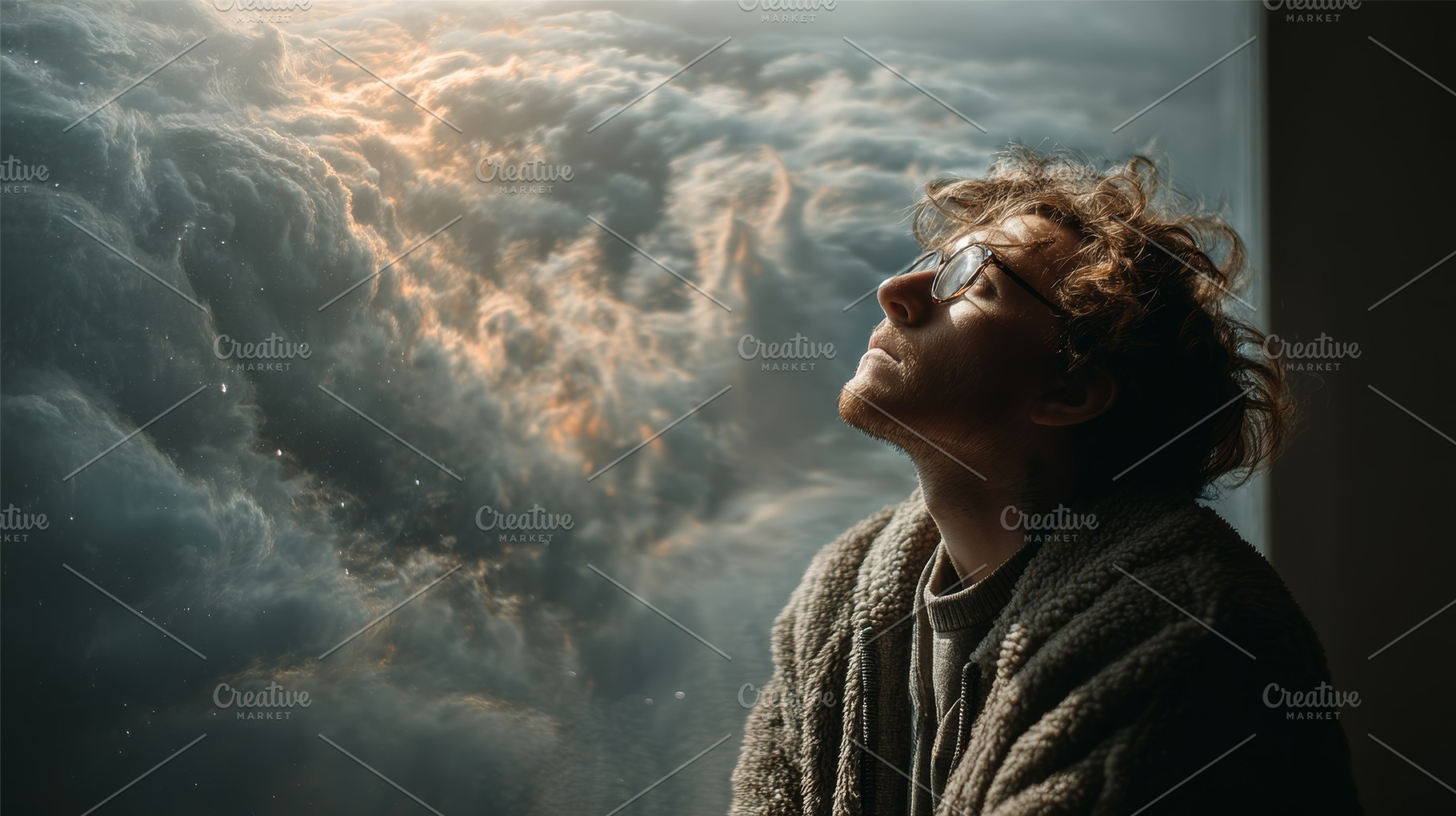 Man gazing through window at dreamy cloudy sky during sunset, a Photo by AS photostudio