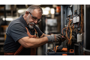 Middle-aged male electrician with, an Industrial Photo by Sergey Kotenev