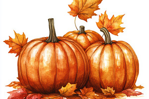 Watercolor pumpkins with autumn leav, a Food & Drink Photo by Pixeness Studio