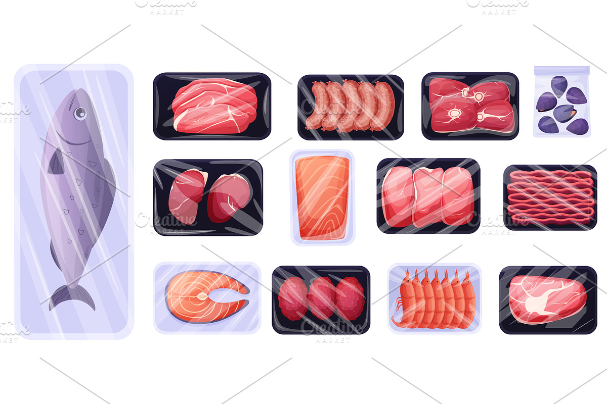 Frozen fish and meat. Supermarket, a Food Illustration by LadadikArt