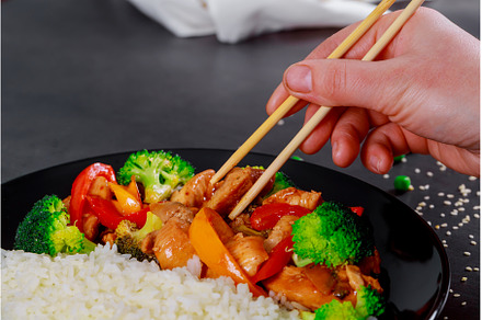 Japanese rice bowl of pieces of, a Food & Drink Photo by Ungvar Studio
