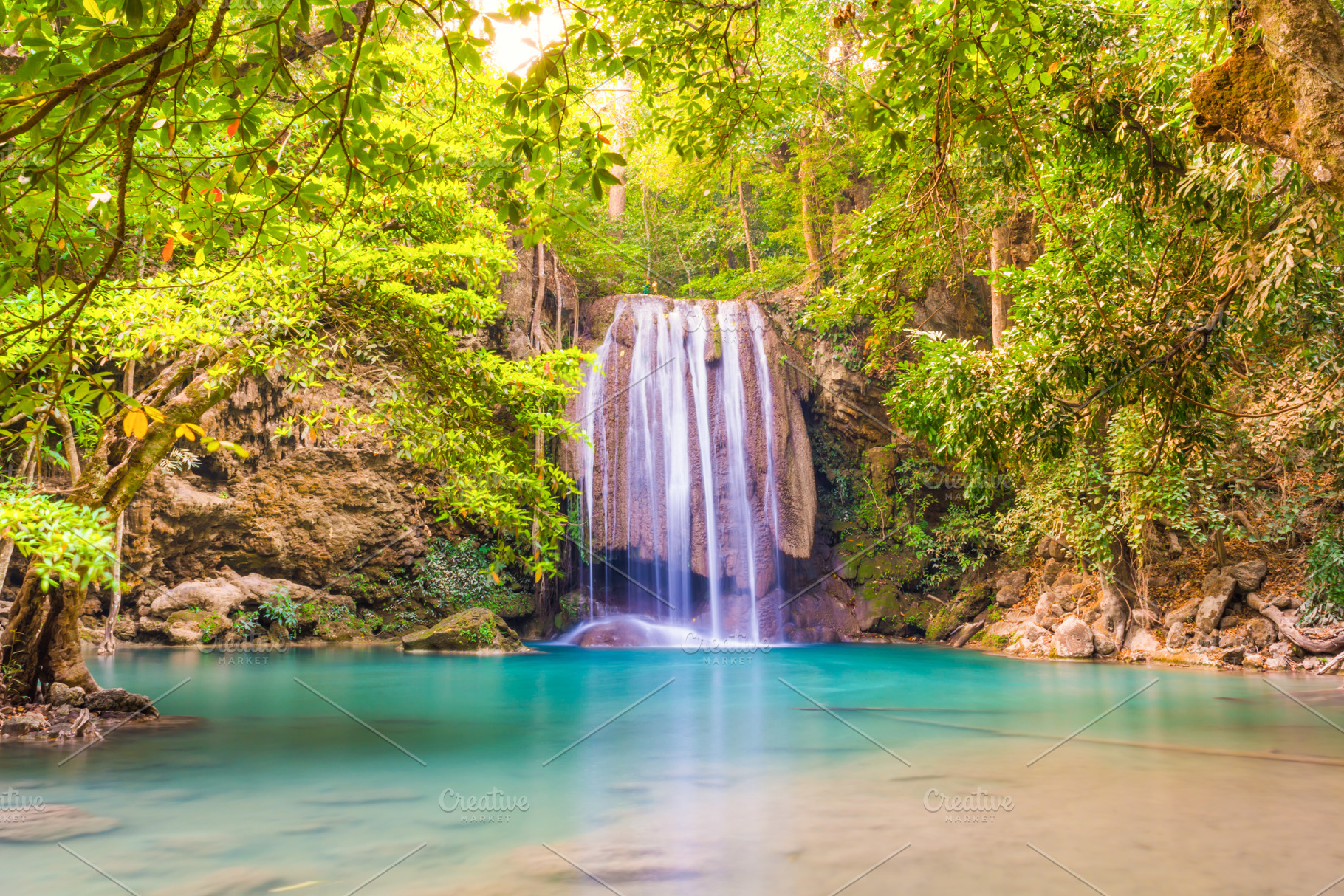 Waterfall and emerald lake in tropical forest, Erawan, Thailand, a Nature Photo by Vapi