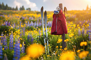 Skis and Red Jacket in Spring Wildflowers, a Sports & Recreation Photo by Davizro's Market