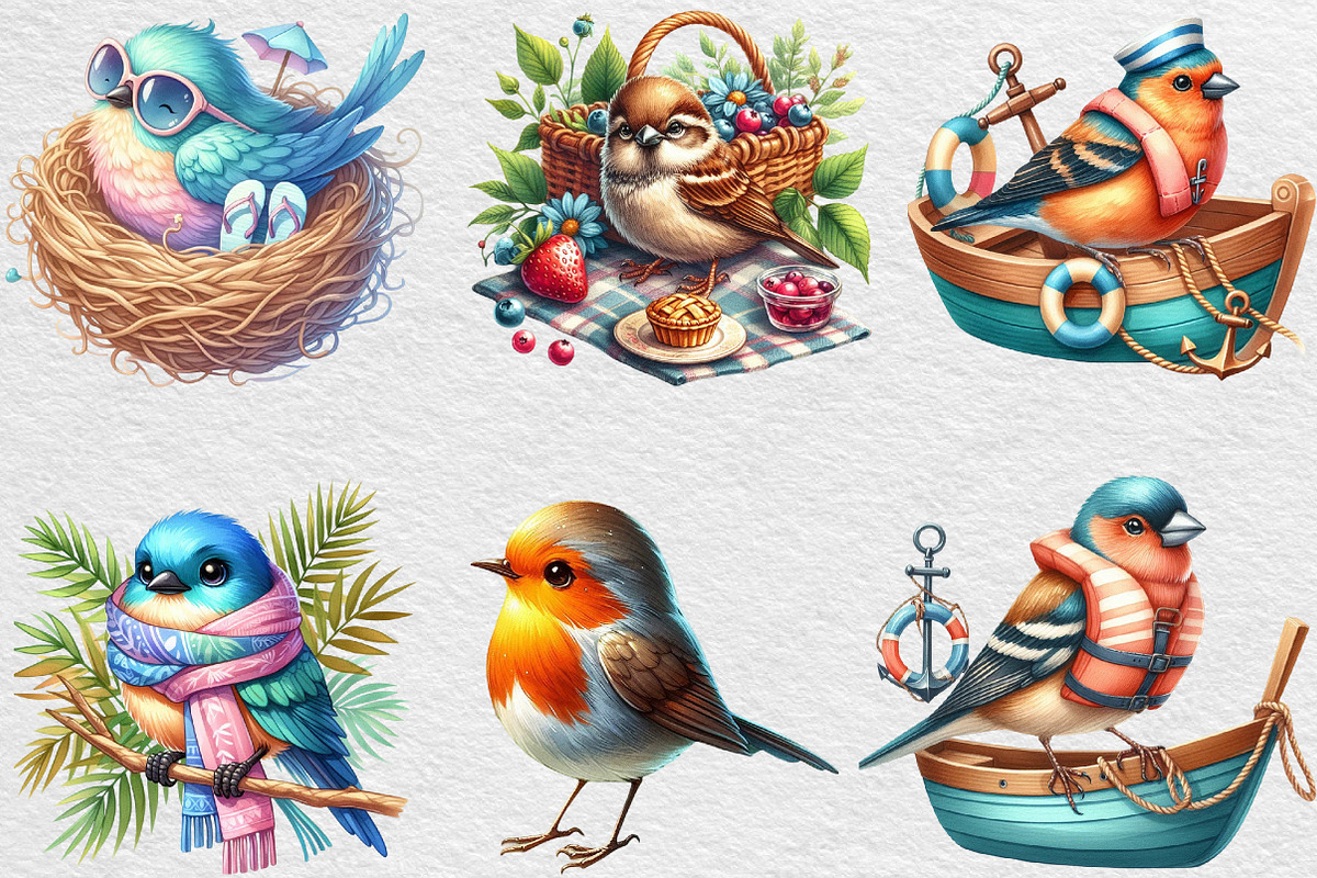 Watercolor Summer Bird Clipart, an Illustration by Black Bird Studio (Photo 3 of 6)