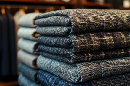 A stylish stack of folded denim and plaid fabrics in various shades of blue, sh, a Background Photo by ImageMir