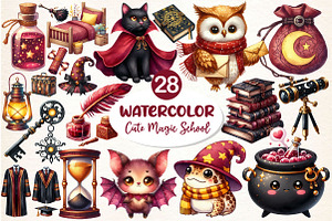 Cute Magic School Watercolor Clipart, an Illustration by Dream Creation