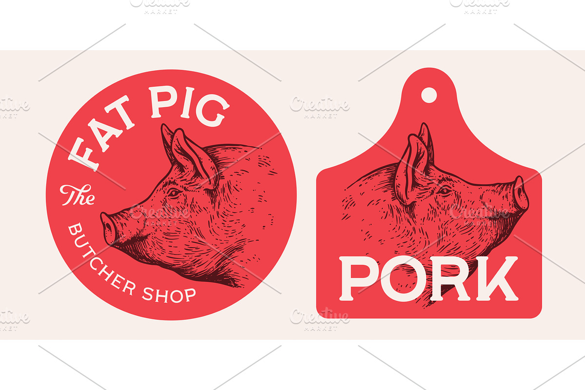 Pork, pig, hog, head, meat tag label, a Food Illustration by Foxys Graphic