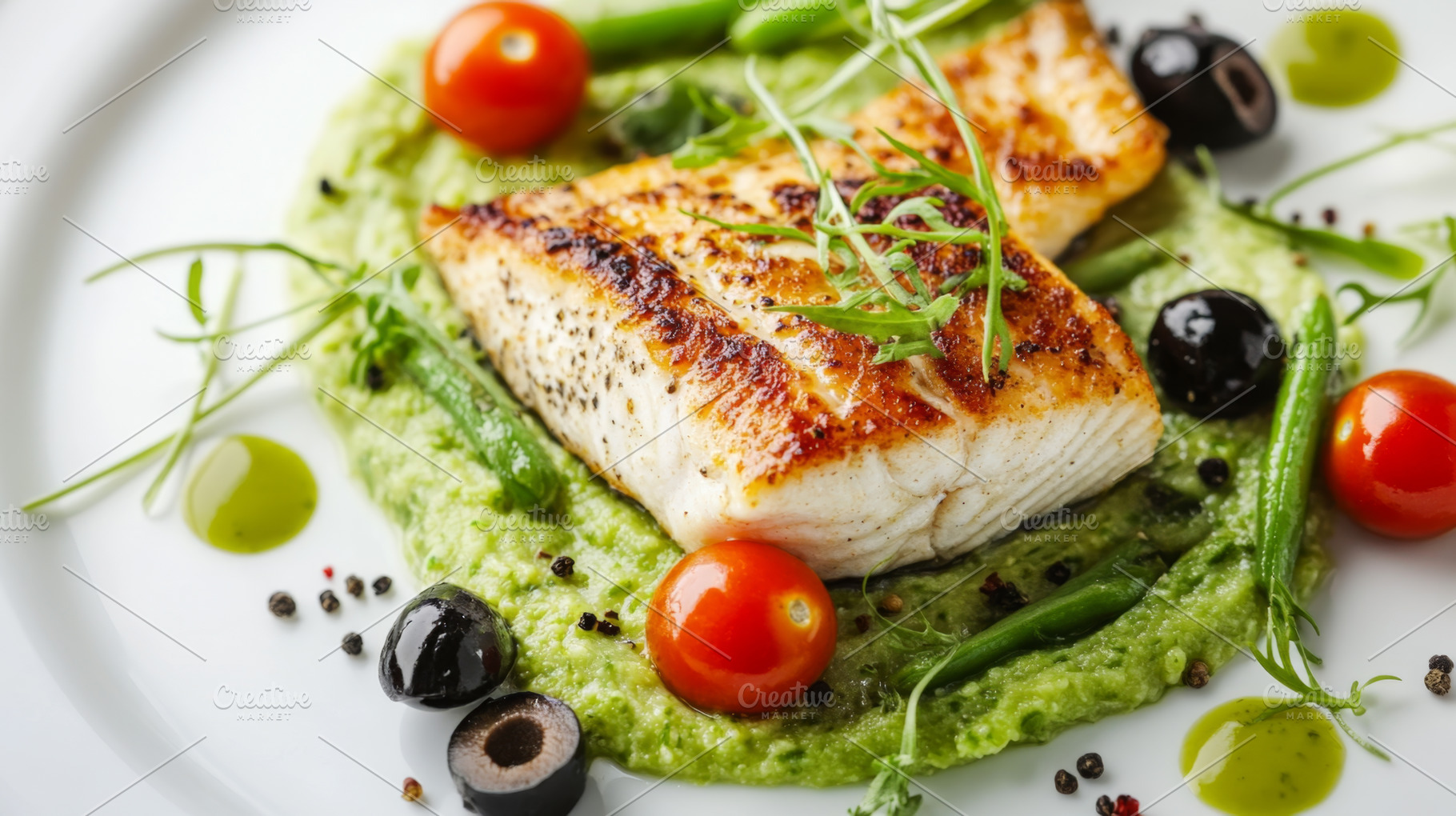 Grilled Fish Fillet on Green Puree with Fresh Vegetables, a Photo by Natalia Klenova's Shop