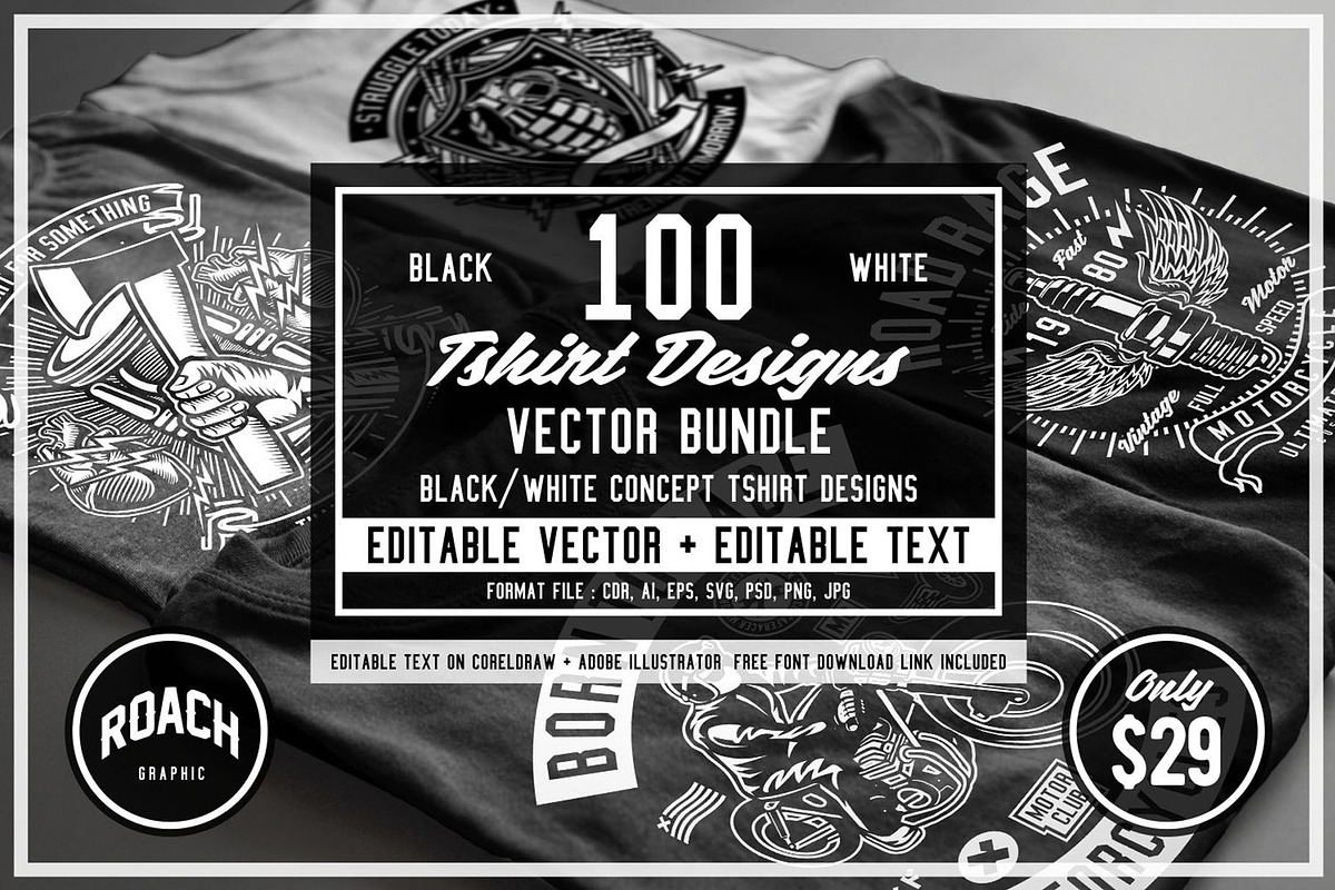 100 Vector Tshirt Designs ( B/W ), an Illustration by roach_graphic (Photo 1 of 20)