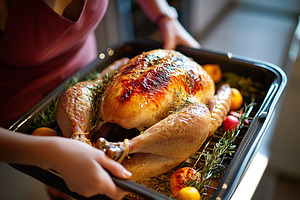 Housewife taking roasted turkey on tray from the oven. Thanksgiving day, a Food & Drink Photo by AlyaAnd