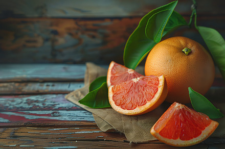 Fresh and tasty grapefruits with green leaves on wooden background, a Food & Drink Photo by AlyaAnd