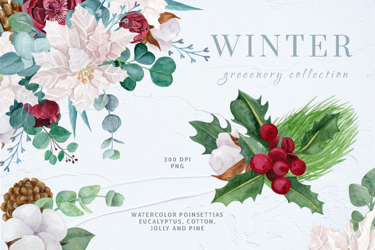 WINTER GREENERY WATERCOLOR SET, a Decorative Illustration by Kate Galunga Artstore (Photo 1 of 9)