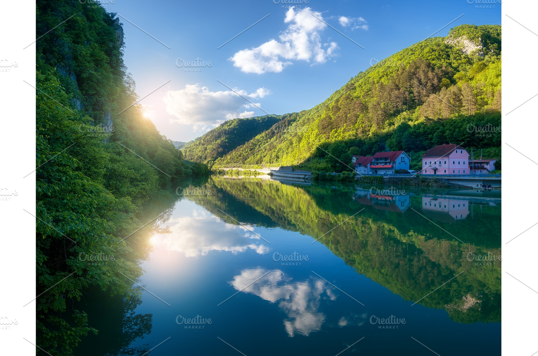 Calm river reflecting vibrant blue, a Nature Photo by den-belitsky