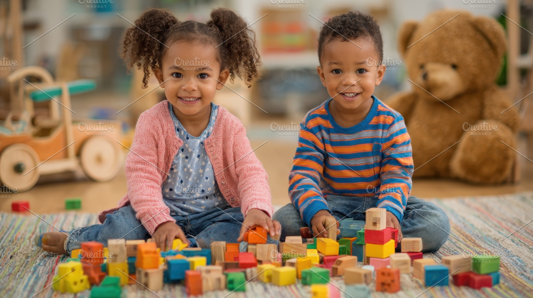 Two toddlers playing with colorful b, a Photo by Pixeness Studio
