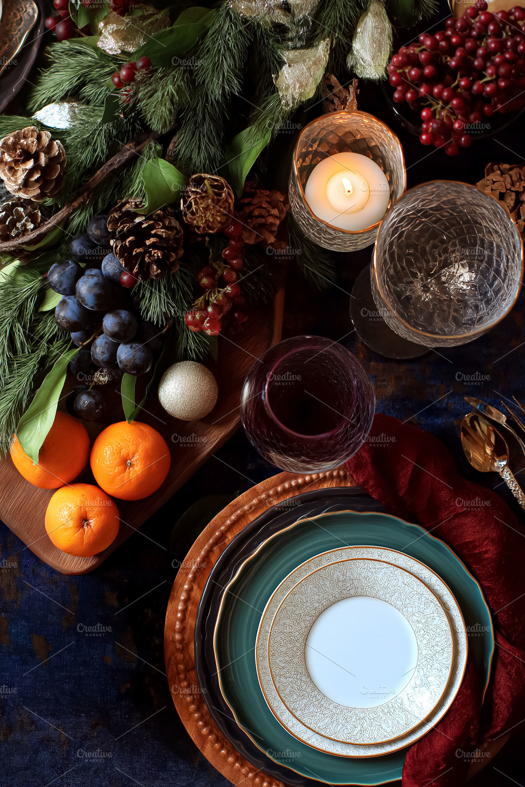 Elegant holiday dining table setting for a festive winter celebration, featurin, a Food & Drink Photo by Studio ANNA