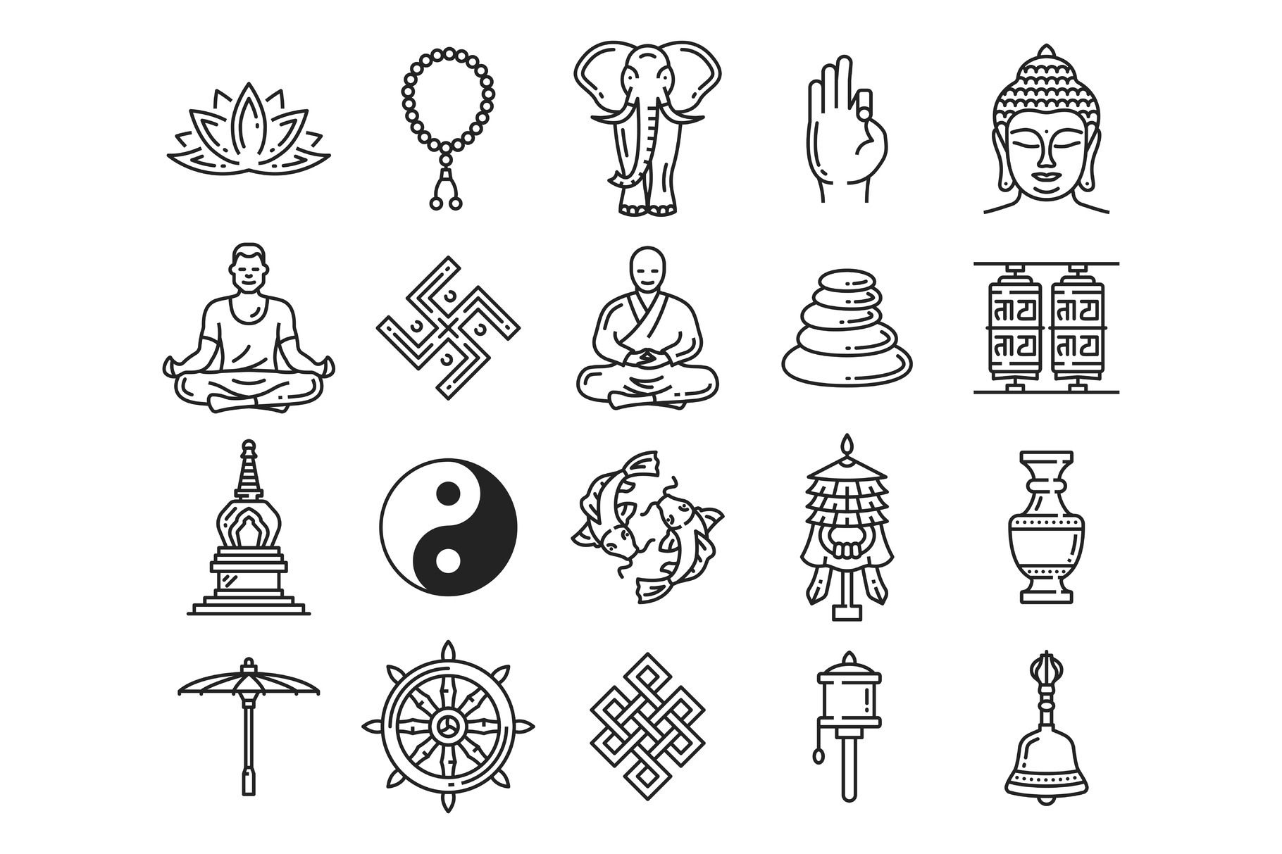 Buddhism religion linear icons, an Illustration by Vector Tradition