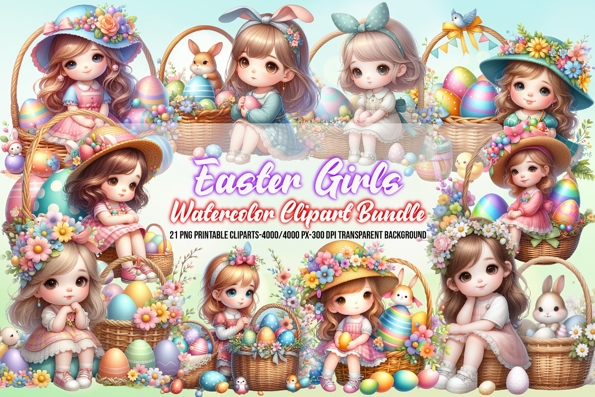Cute Little Easter Girls Sublimation, a Seasonal Illustration by Craft Nest (Photo 1 of 6)