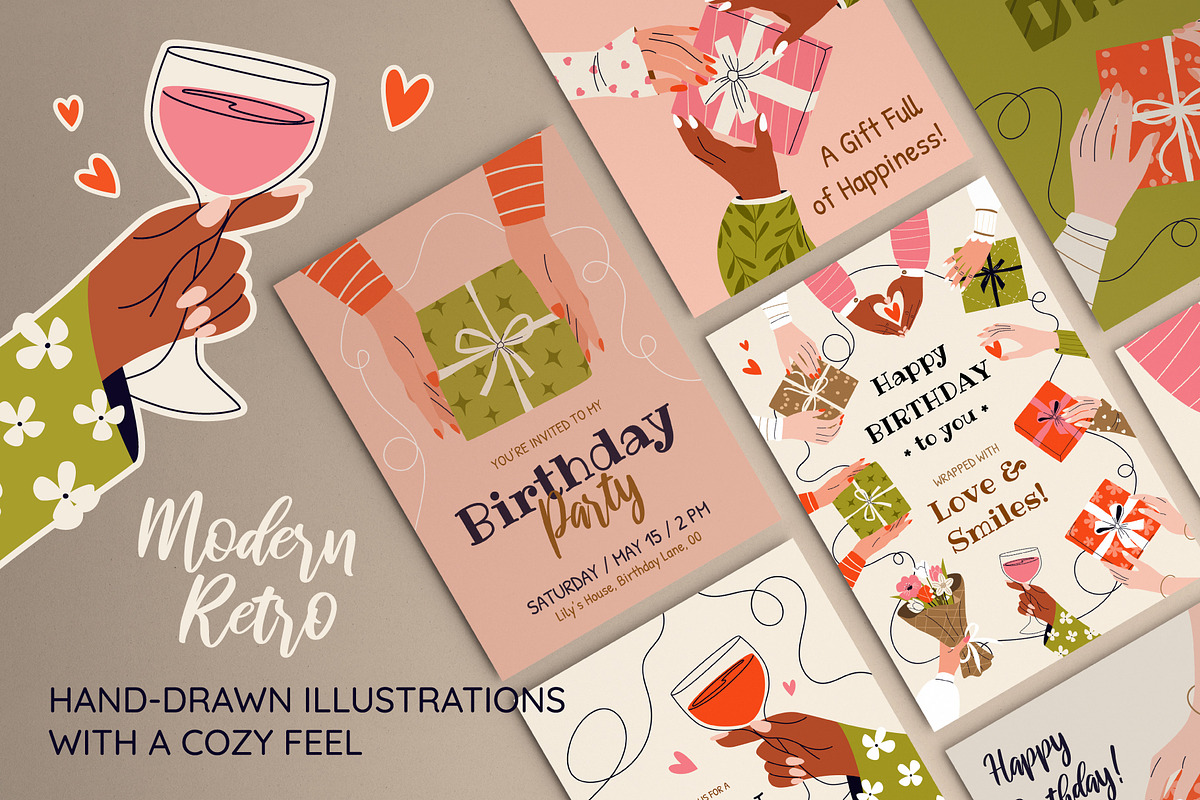 12 Birthday Greeting Cards, a Person Illustration by IuliiaSavko (Photo 2 of 8)