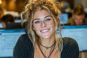 Smiling woman with glasses working at computer in modern office setting, a Photo by AS photostudio