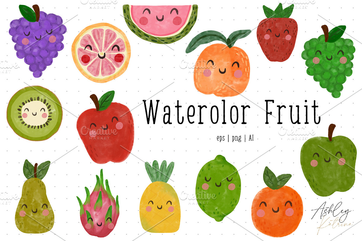 Watercolor Fruit with & without Face, a Food Illustration by Ashley Katrina (Photo 2 of 10)