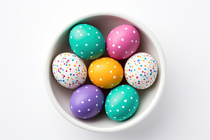 Colorful easter eggs in bowl on white background, a Holiday Photo by AlyaAnd