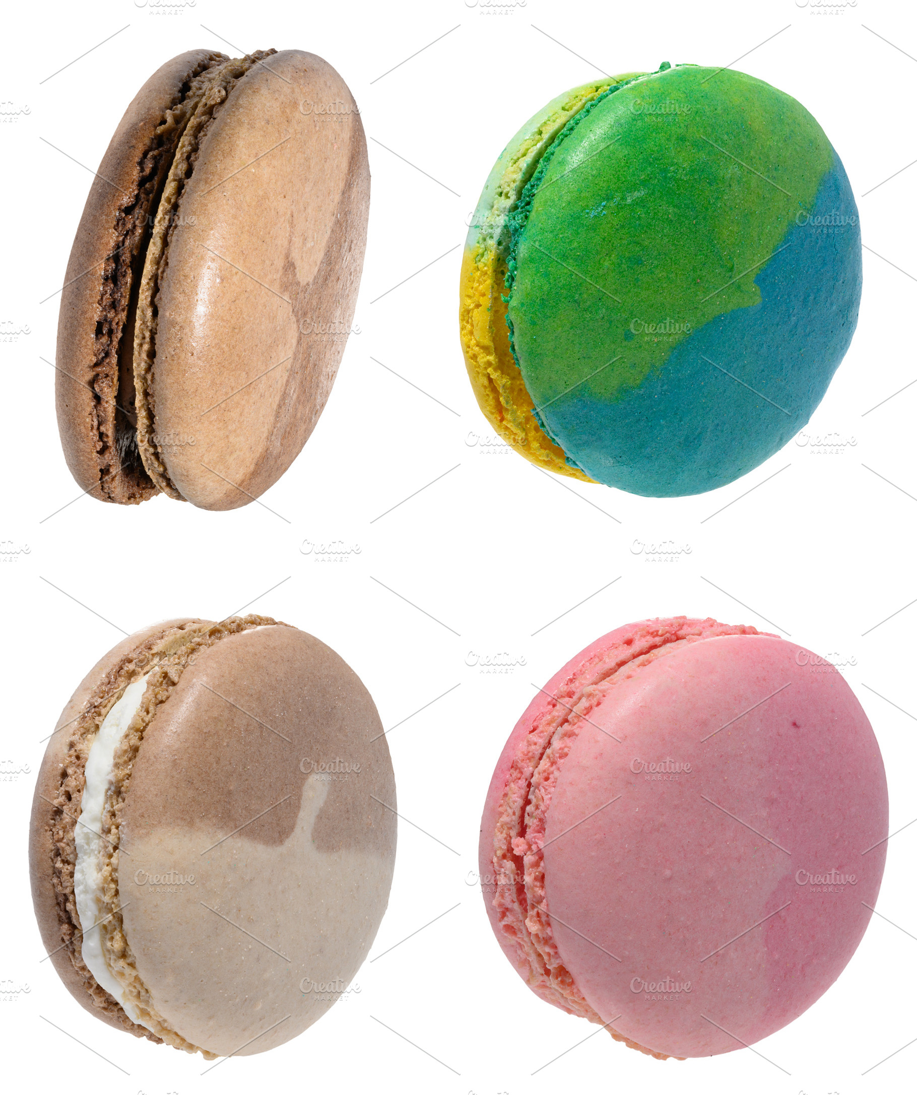 Multicolored macarons on isolated background, close up, a Food & Drink Photo by ndanko