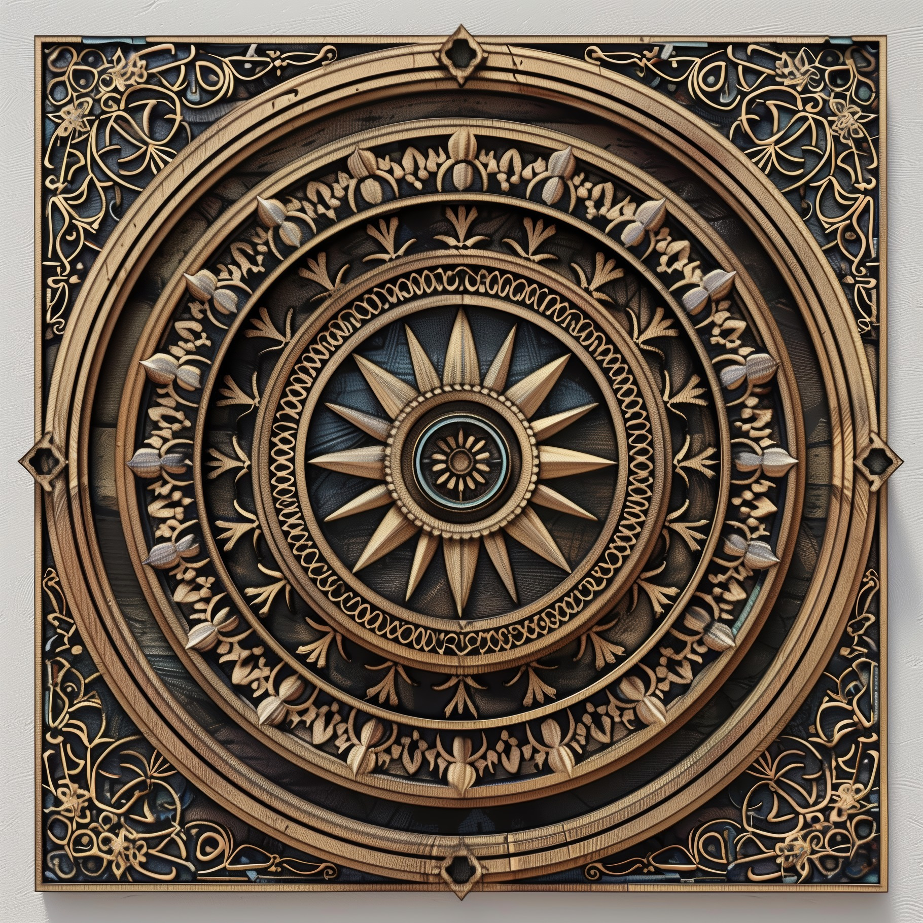 A beautifully intricate mandala wooden relief featuring a circular ...