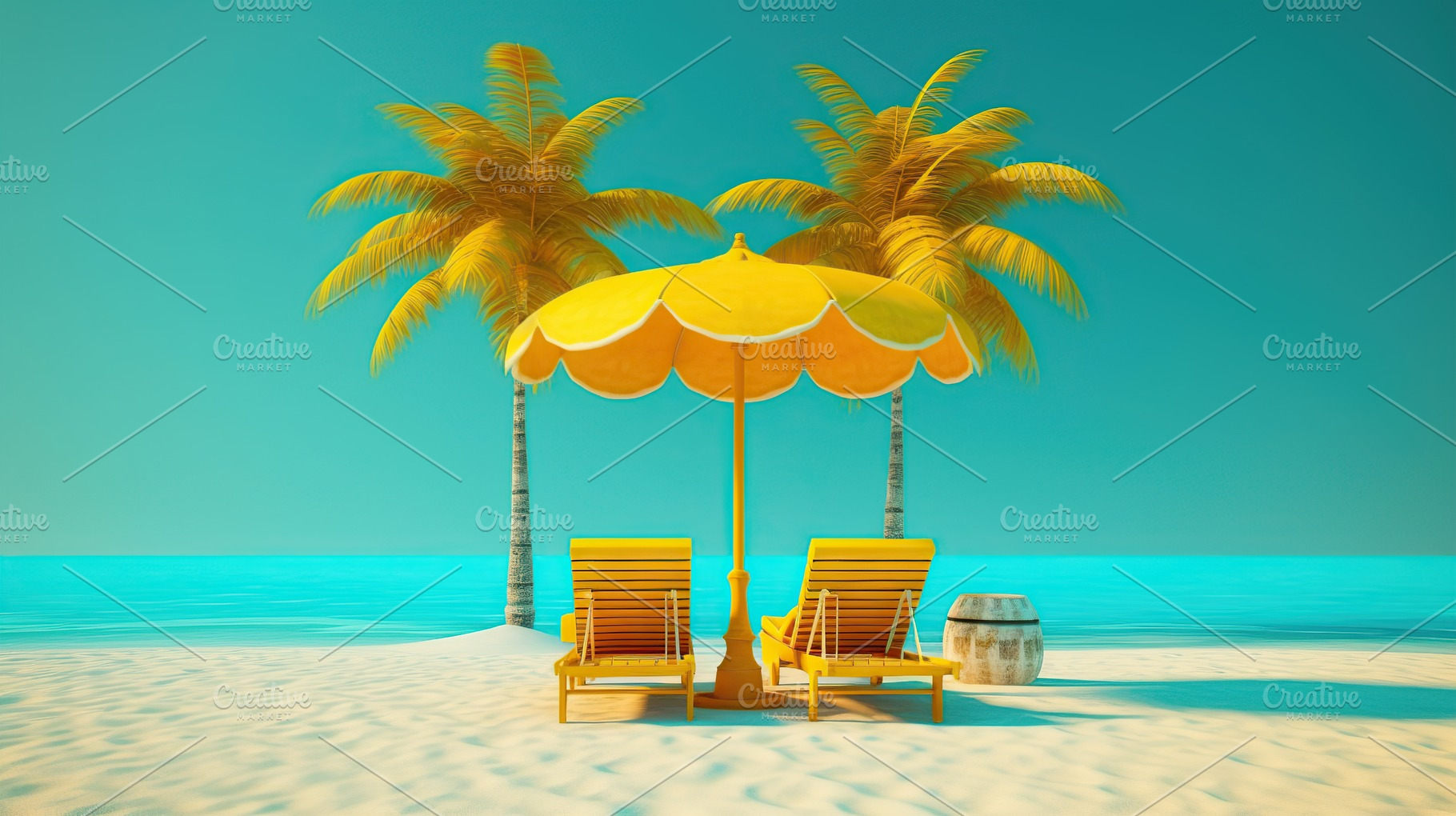 Illustration of deck chairs on sandy beach near palm tree. Generative AI, a Nature Photo by AlyaAnd